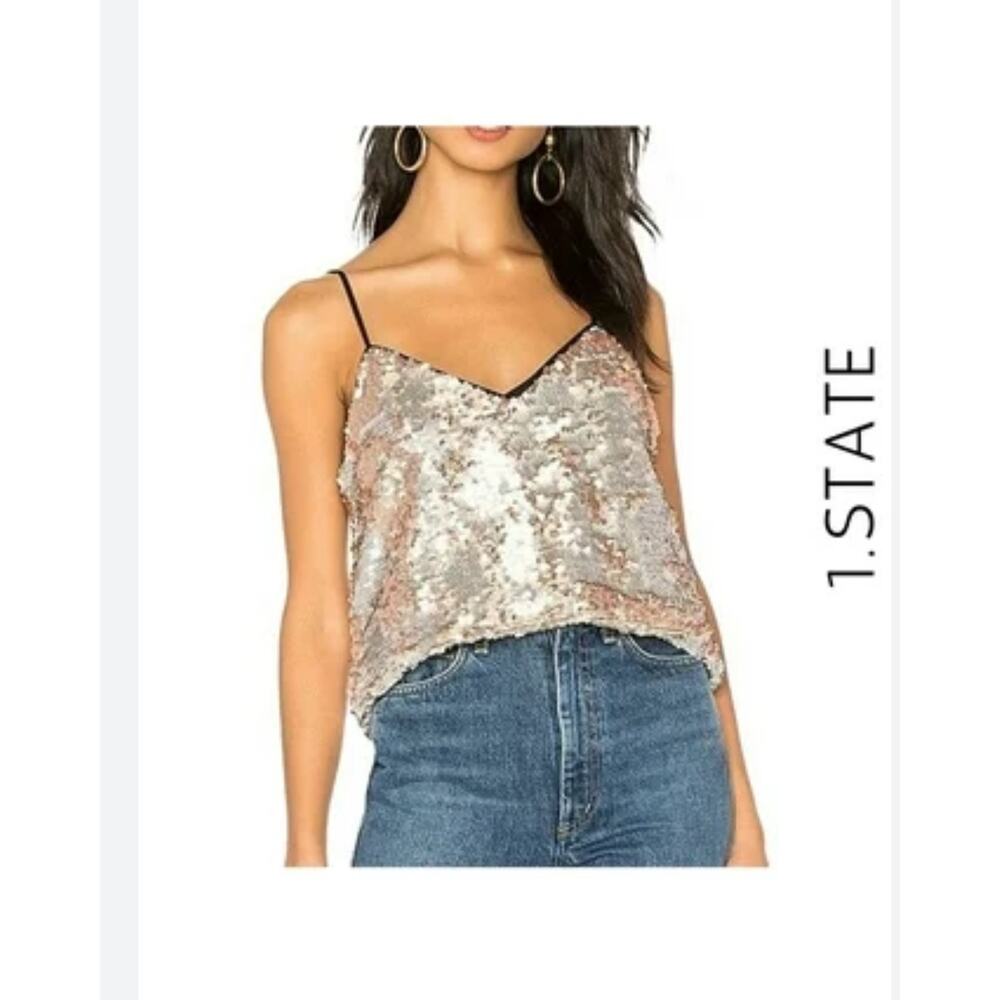 1. STATE Womens Silver Sequined Spaghetti Strap V Neck Top